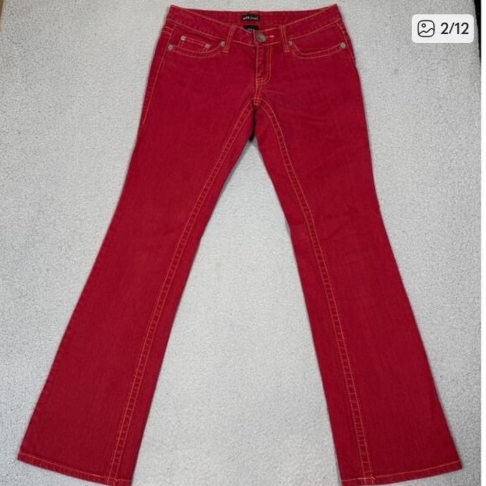 y2k Wet Seal Womens Size 5 Red Denim Jeans Low Waist Bootcut Flare - Picture 2 of 12